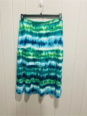 Chico's Blue & Green Tiered Tie-Dye Midi Skirt